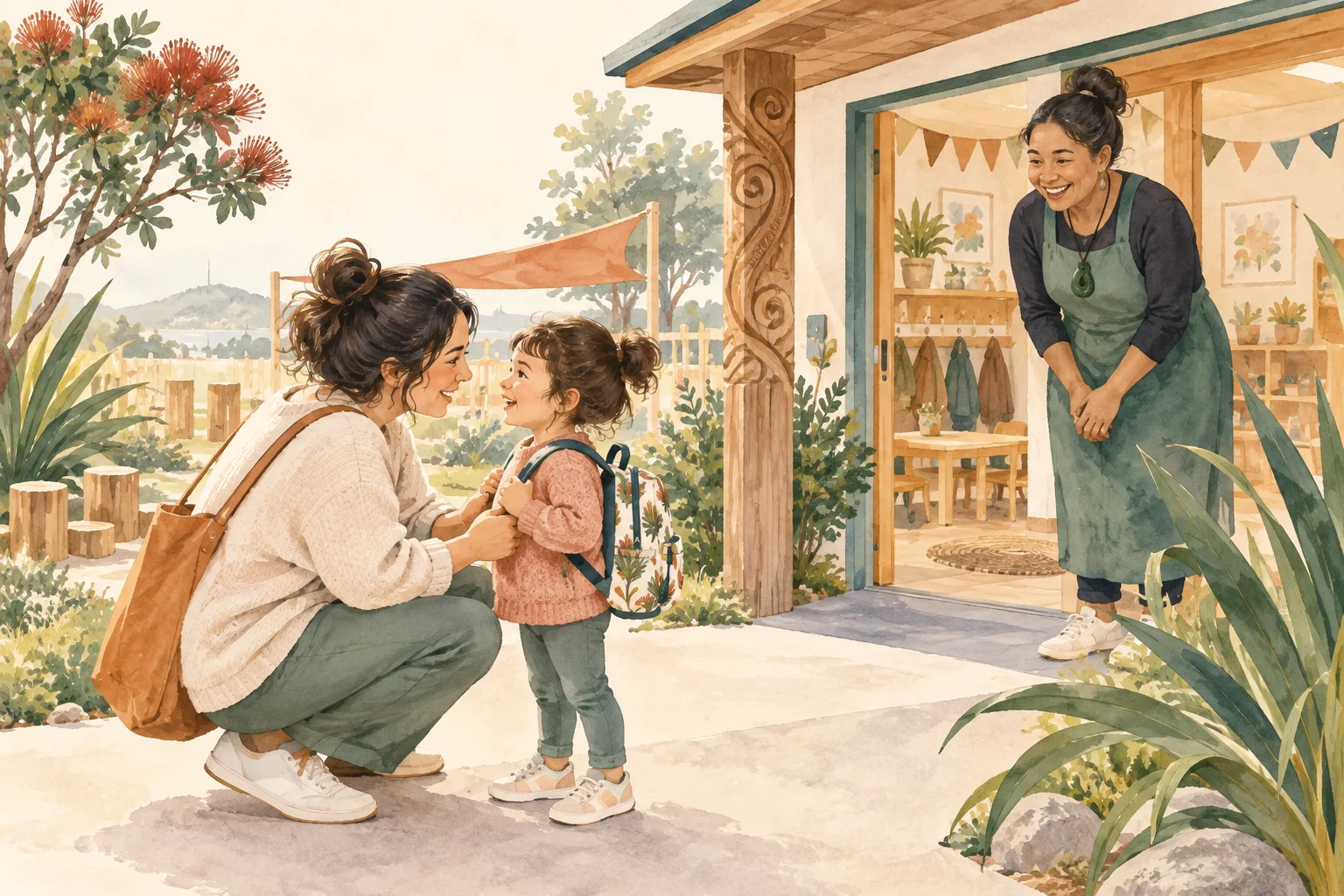 Parent and young child walking into an early childhood centre together