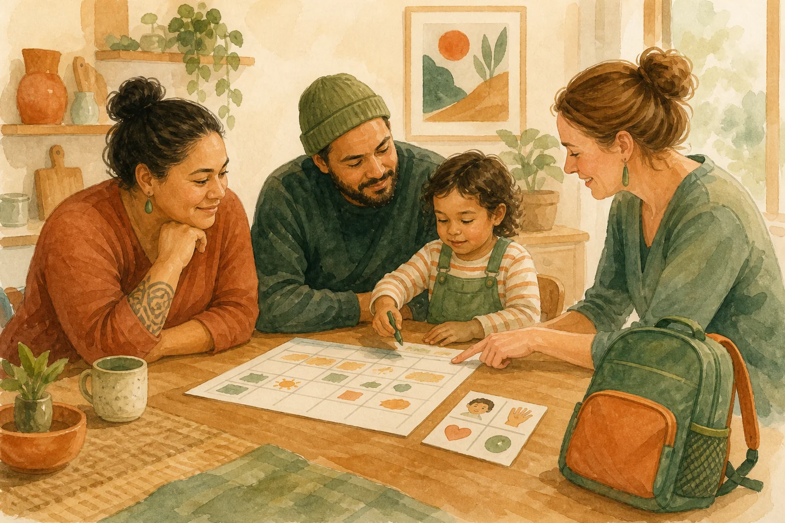 Watercolour illustration of a New Zealand family and early childhood teacher planning care together