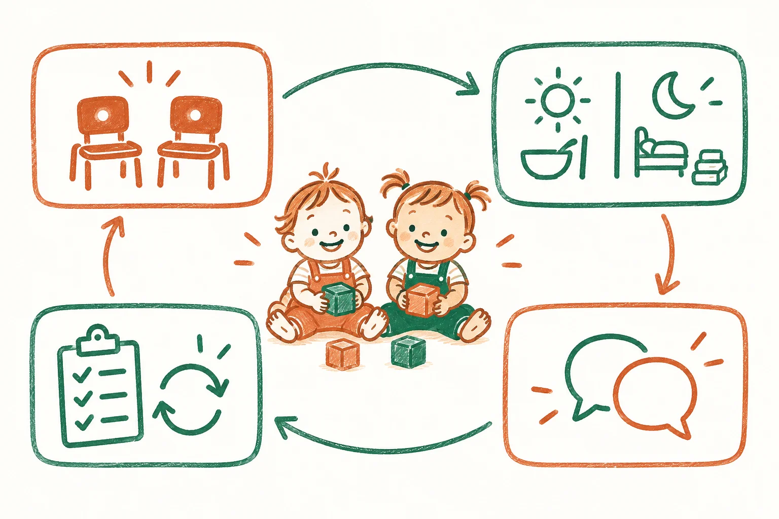 Sketch diagram showing the twin childcare planning loop: two places, routines, communication and review