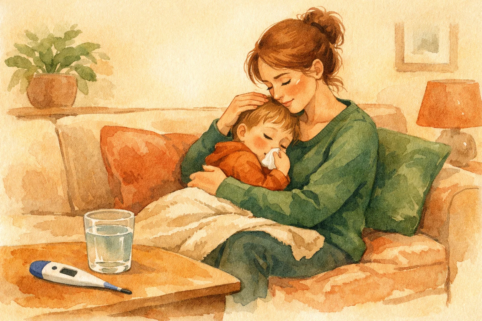 A parent comforting a young child at home after their first daycare illness