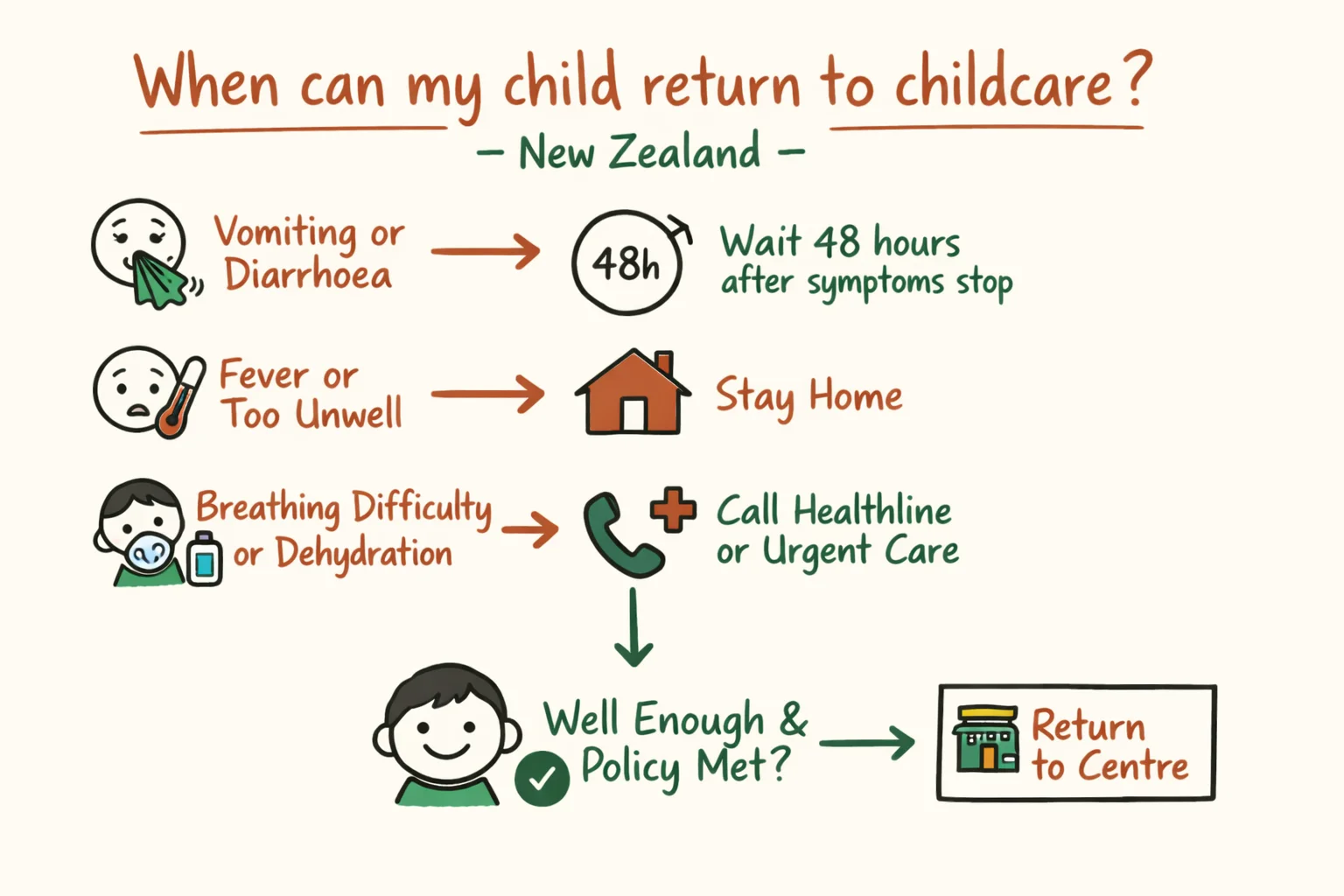 Napkin style flowchart showing when a child can return to childcare after illness