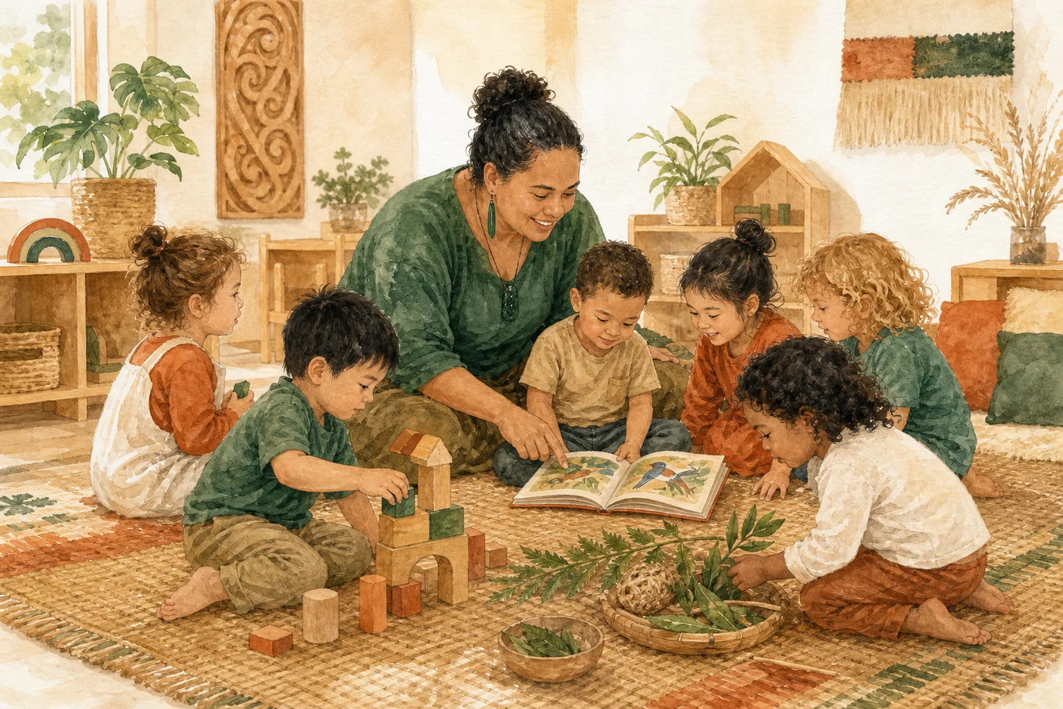 Watercolour illustration of a diverse group of young children and a kaiako gathered around a woven mat with learning materials