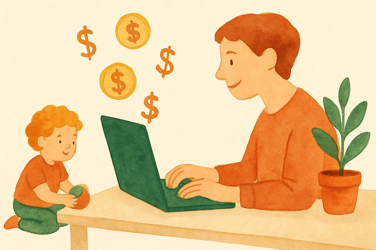 Illustration of a parent at a laptop claiming FamilyBoost childcare tax rebate with a child playing nearby
