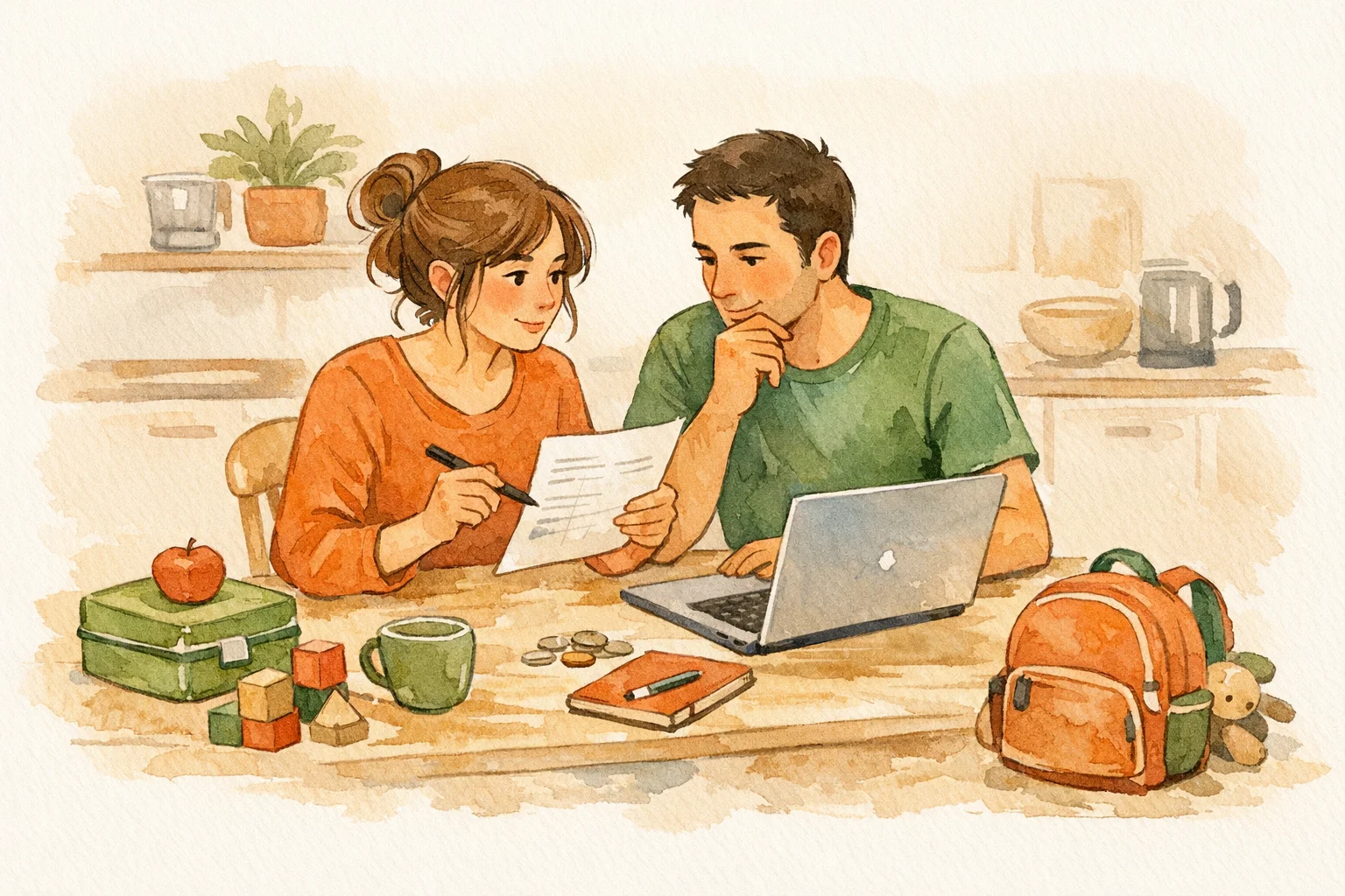 Warm illustration of a New Zealand family working through a simple household budget with childcare costs in mind.