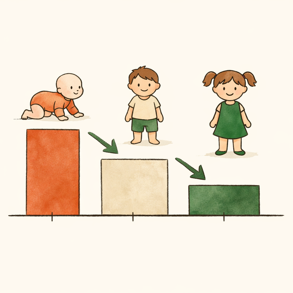 Infographic timeline showing childcare costs dropping at age 2 and again at age 3 when 20 Hours ECE can apply