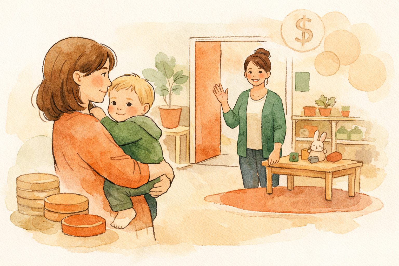 Watercolour illustration of an infant room at an early learning centre in New Zealand