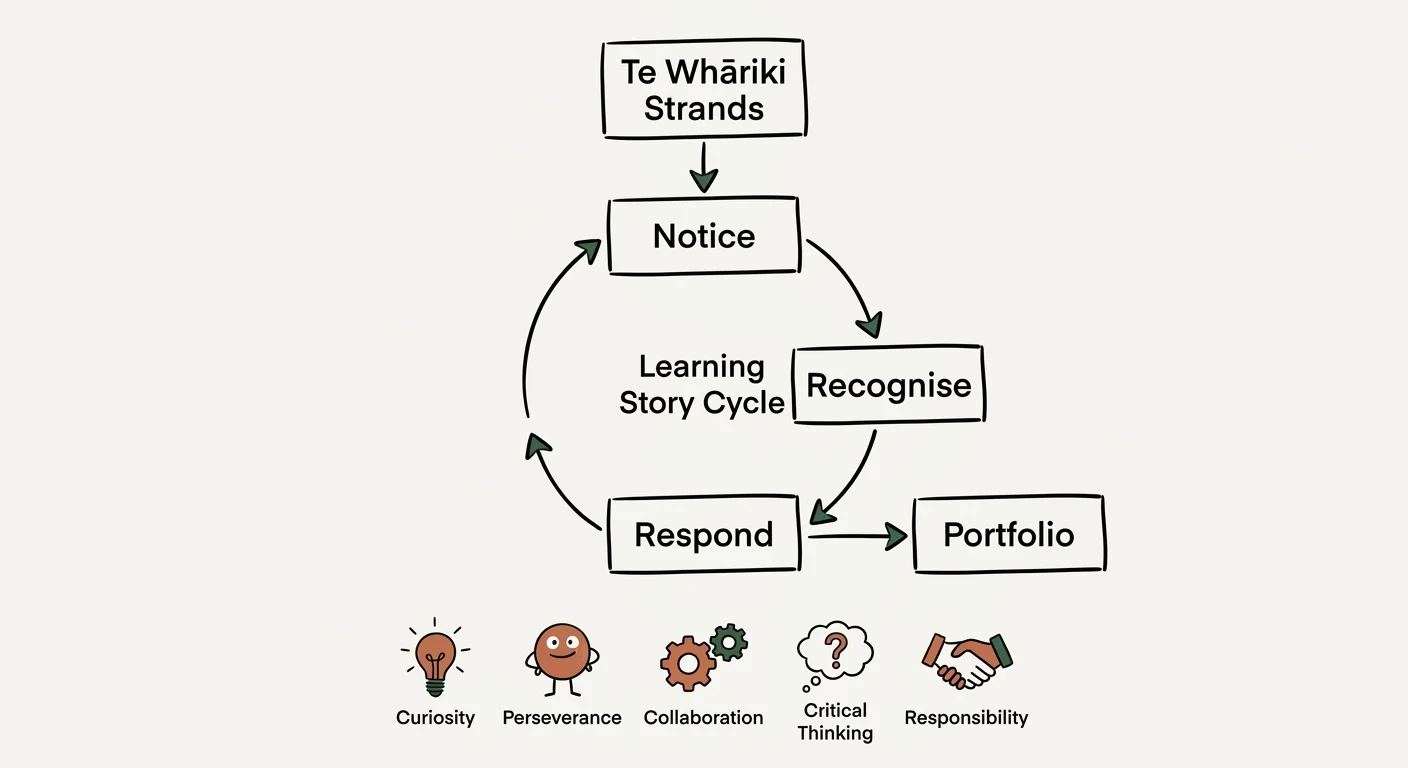 Diagram showing the learning story cycle: notice, recognise, respond, with Te Whariki strands and five dispositions