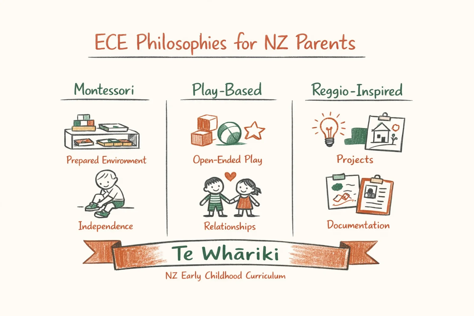 Napkin-style concept diagram comparing Montessori, play-based and Reggio-inspired ECE