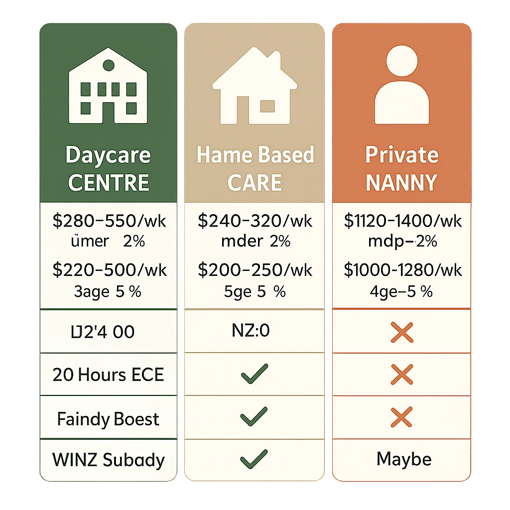 Infographic comparing weekly costs and subsidy eligibility for daycare centres, home-based care, and private nannies in New Zealand 2026