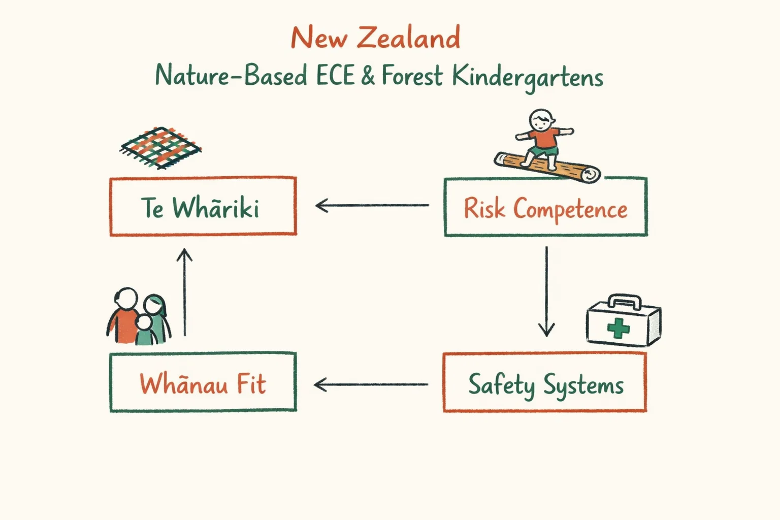Napkin-style diagram showing how nature-based ECE connects Te Whāriki, risk competence, whānau fit and safety systems