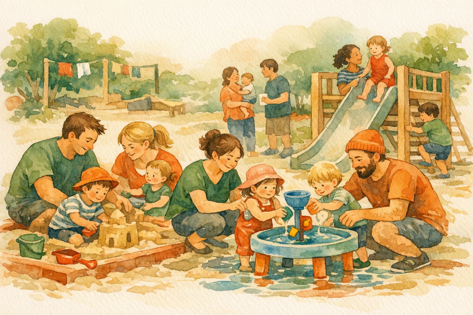 Watercolour illustration of parents and young children playing together at a New Zealand Playcentre