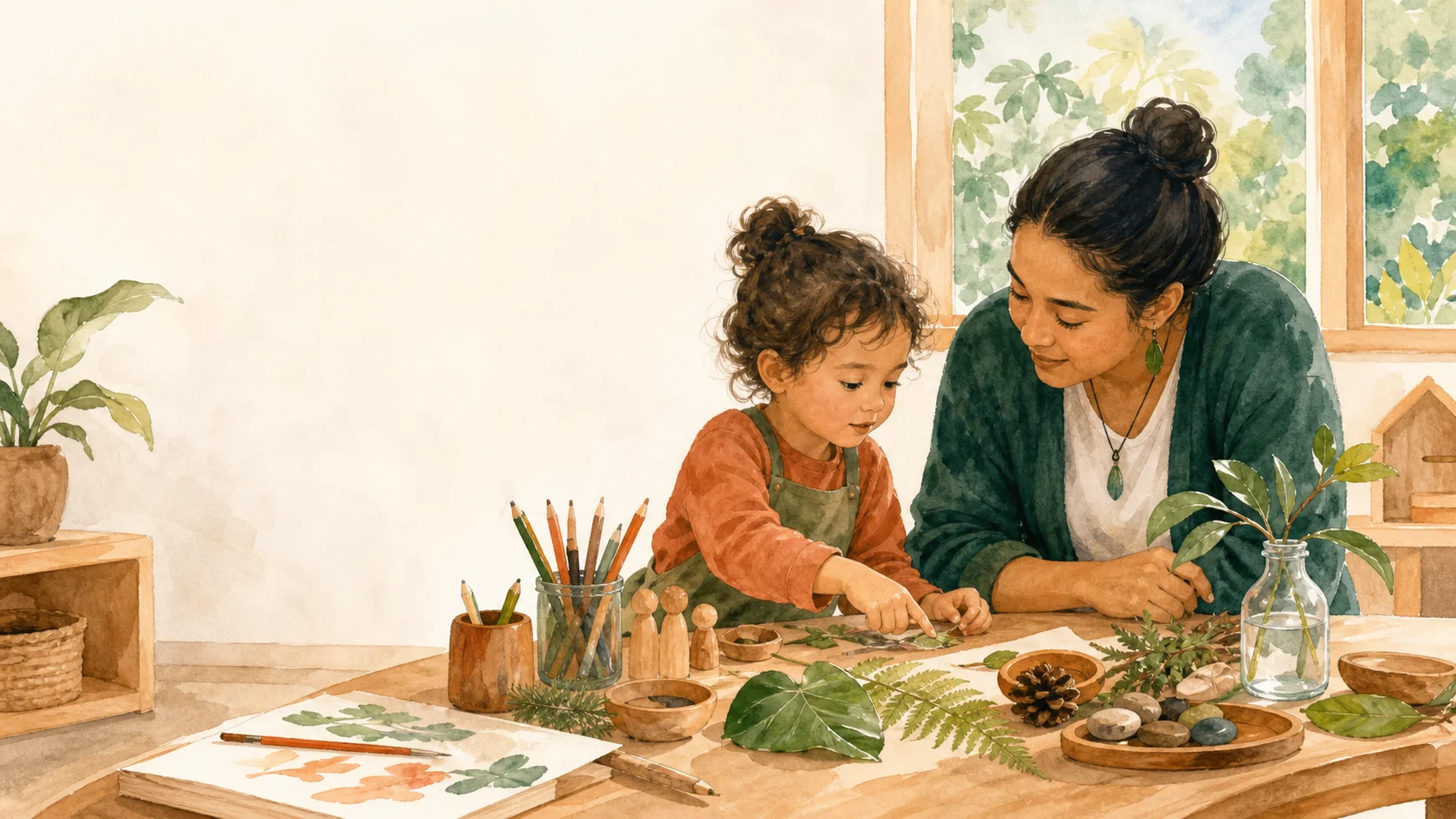 Watercolour illustration of a child and kaiako exploring natural materials in a Reggio-inspired early learning room