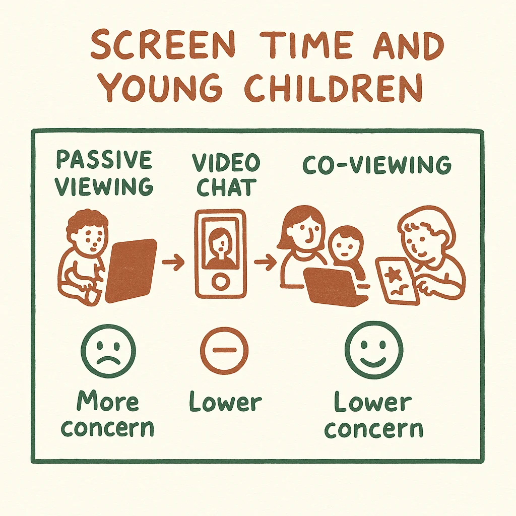 Concept diagram comparing passive viewing, co-viewing, video chat and interactive creation for young children