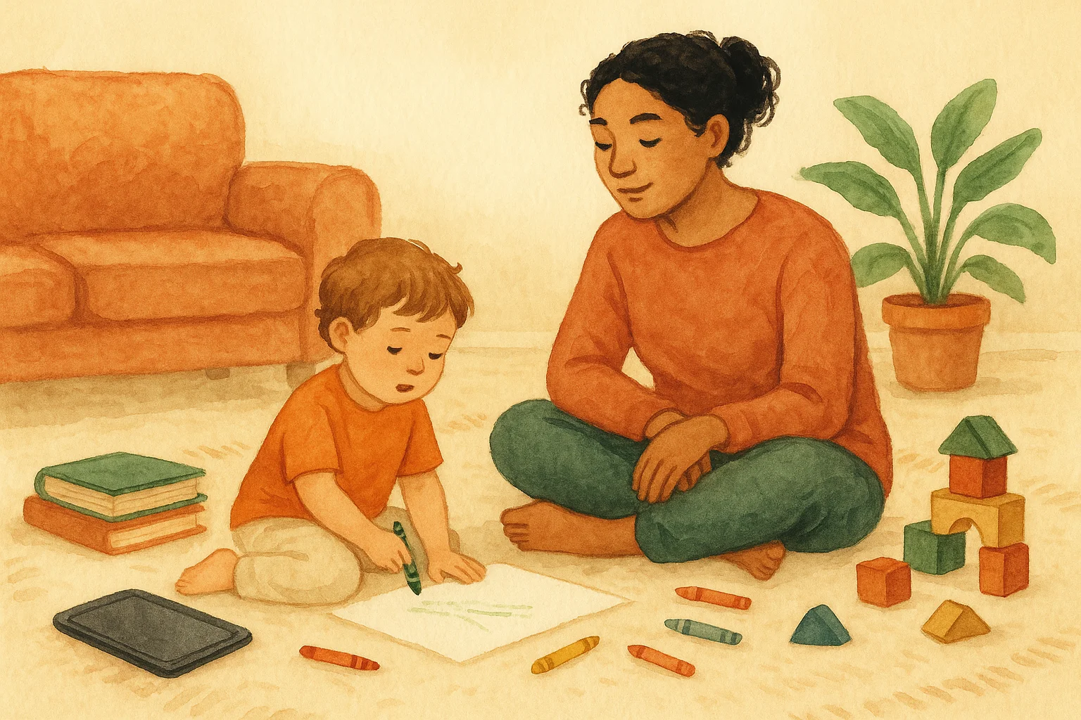 Parent and young child reading and playing together with a tablet set aside on a living room floor in New Zealand
