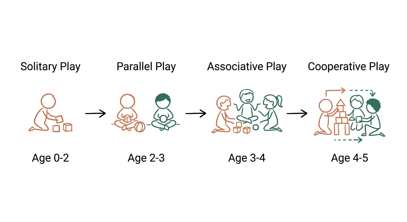 Diagram showing stages of social play development in early childhood: solitary, parallel, associative, cooperative