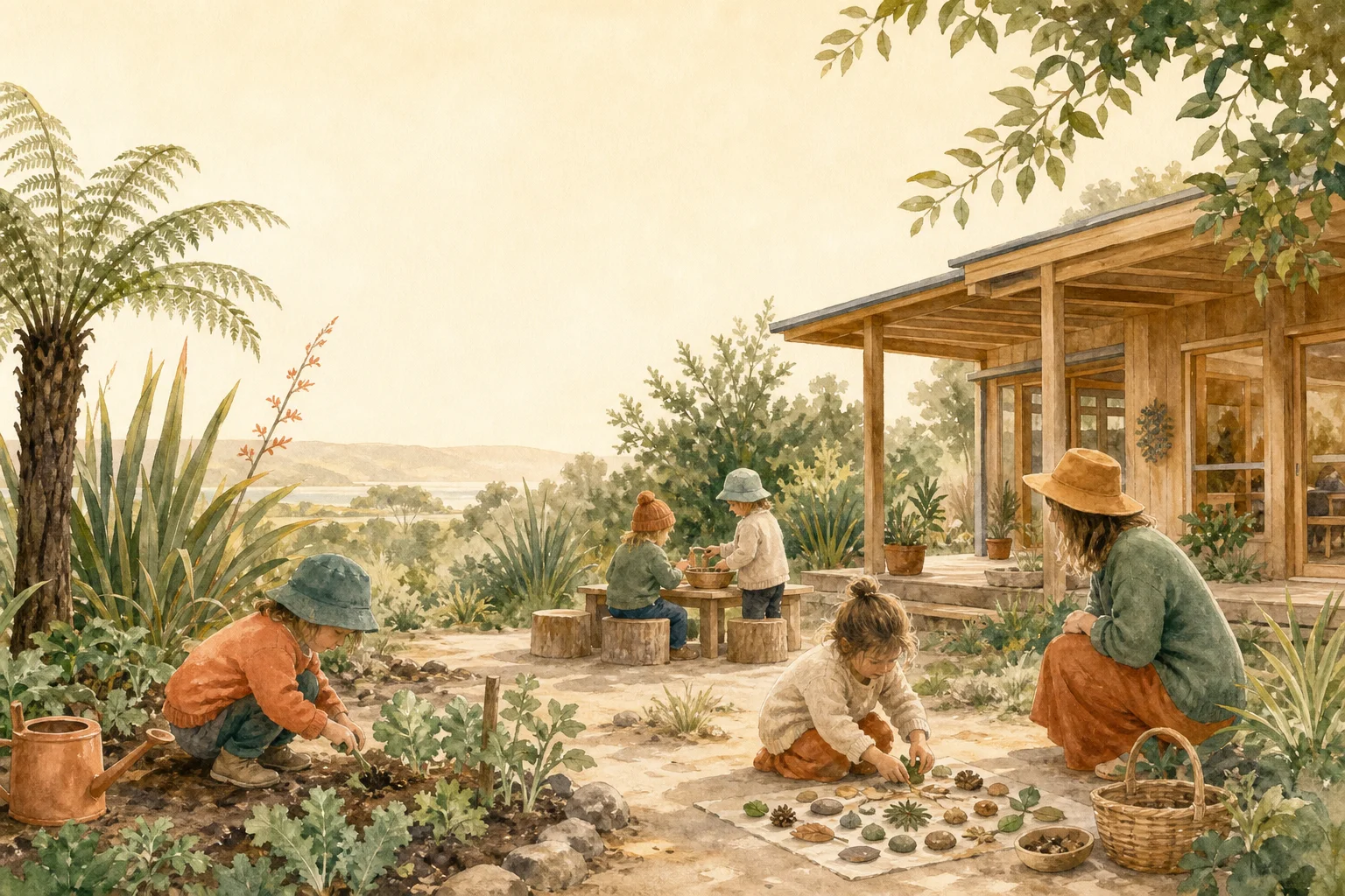 Watercolour illustration of children gardening and playing with natural objects outside a timber early childhood centre