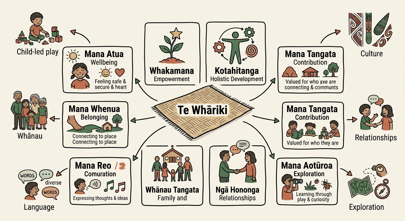 Napkin-style concept diagram showing the woven structure of Te Whāriki with four principles, five strands, child-led play, whānau, culture, and relationships