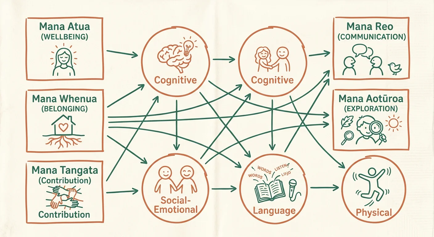 Napkin-style diagram showing the five strands of Te Whariki connected to the four child development domains