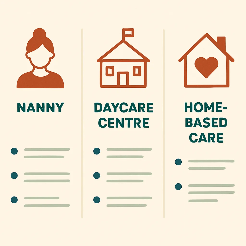 Comparison diagram: nanny vs daycare vs home-based childcare in New Zealand